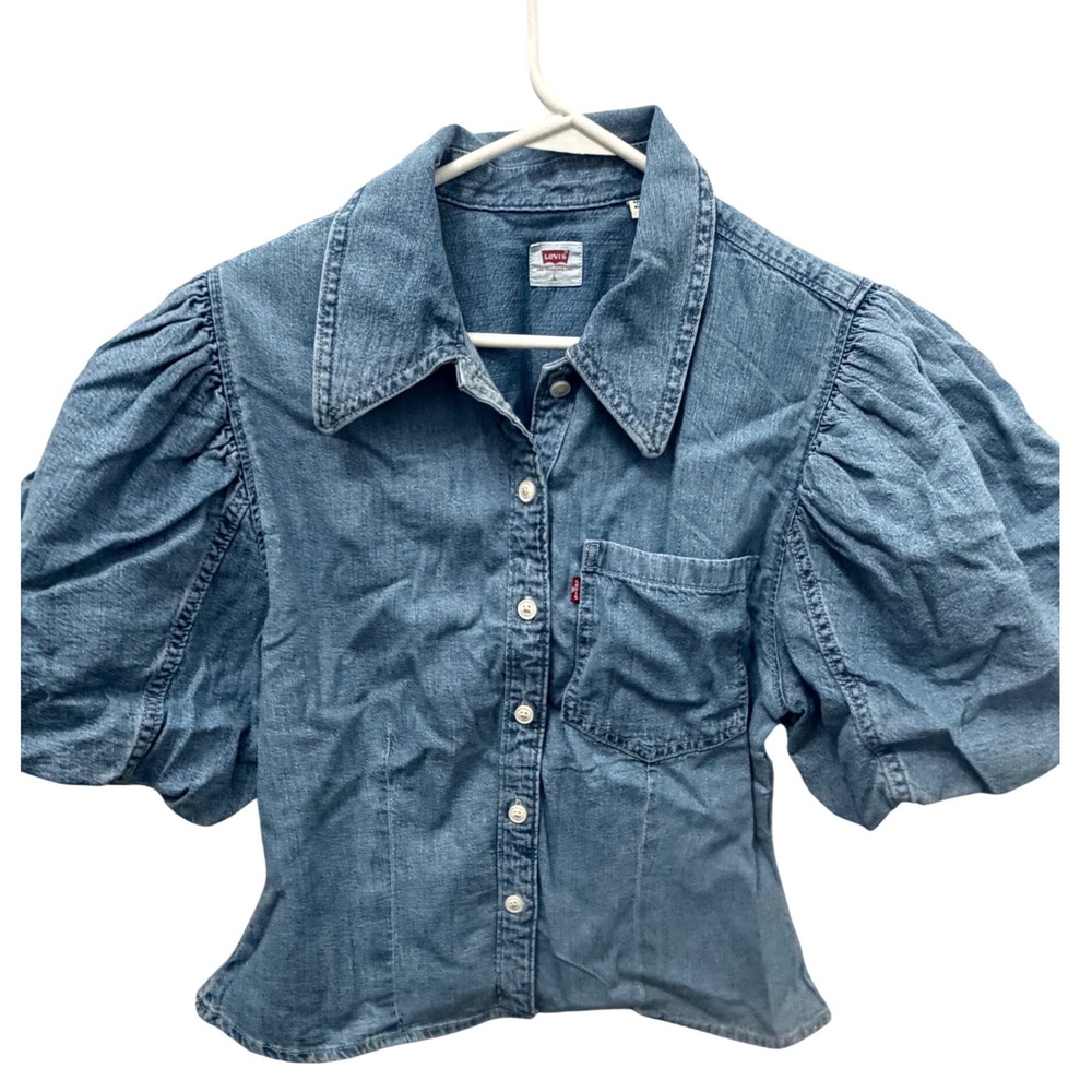 NWT Levi's Roxy Bubble Sleeve Denim Crop Top Blouse Medium Wash Size Large